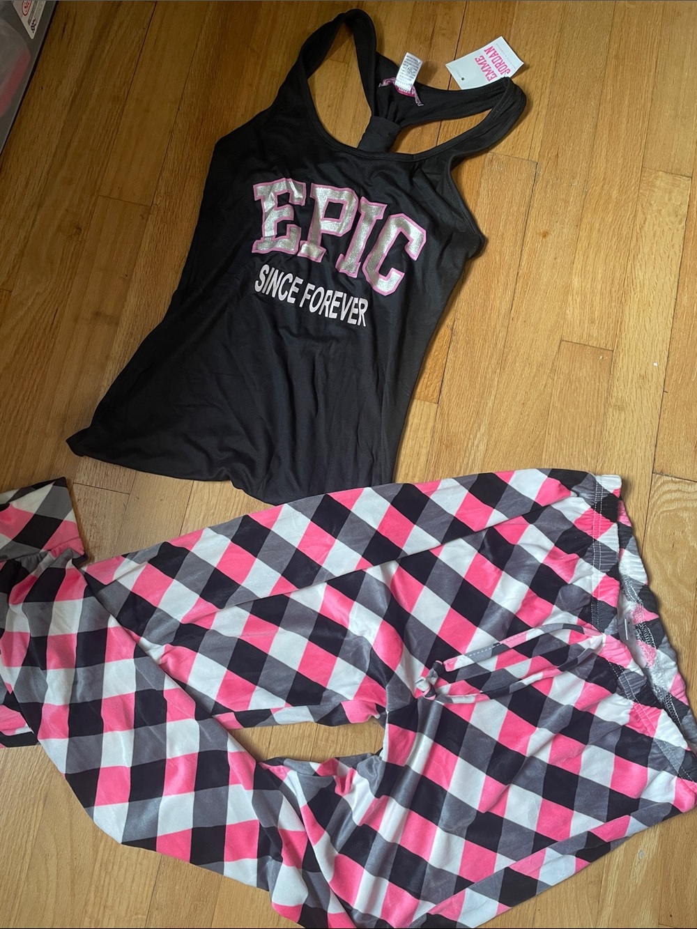 Emme Jordan Black 'Epic' Tank with Pink & Black Plaid Sleep Pants